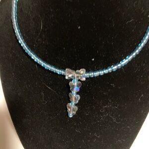 Handmade blue butterfly memory wire necklace, blue beaded choker, 90s inspired